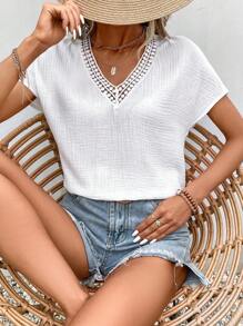 SHEIN Frenchy Contrast Guipure Lace Dolman Sleeve Blouse - White - View 7