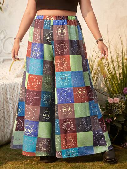 Hippie Plus Patchwork Print Wide Leg Pants