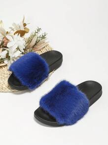roulvxiang 女式簡約蓬鬆裝飾拖鞋，時尚藍色拖鞋 - 藍色 - 查看 3