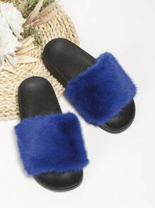 roulvxiang 女式簡約蓬鬆裝飾拖鞋，時尚藍色拖鞋 - 藍色 - 查看 4