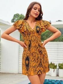 Paisley Print Butterfly Sleeve Dress - Yellow - View 1