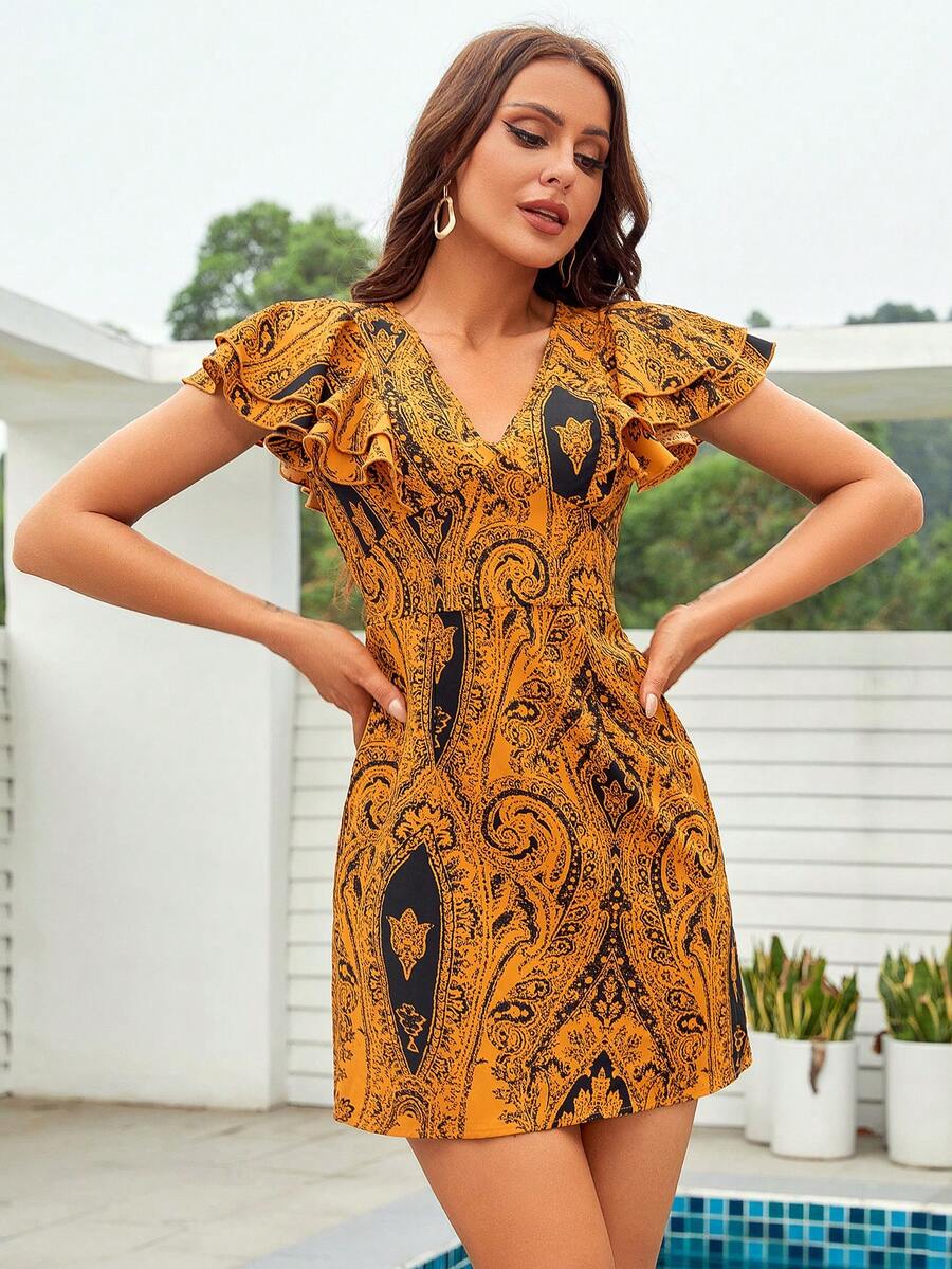 Paisley Print Butterfly Sleeve Dress - Yellow - View 1