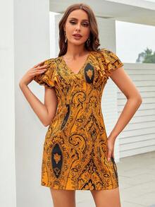 Paisley Print Butterfly Sleeve Dress - Yellow - View 5