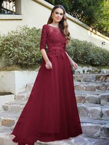 BABYONLINE D.R.E.S.S. 凸花蕾絲貼花網紗正式連衣裙 - 酒紅色 - 查看 3