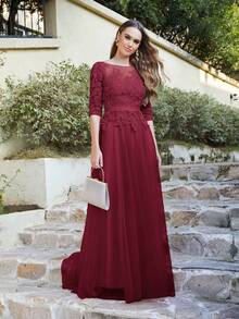 BABYONLINE D.R.E.S.S. 凸花蕾絲貼花網紗正式連衣裙 - 酒紅色 - 查看 4