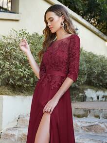 BABYONLINE D.R.E.S.S. 凸花蕾絲貼花網紗正式連衣裙 - 酒紅色 - 查看 5