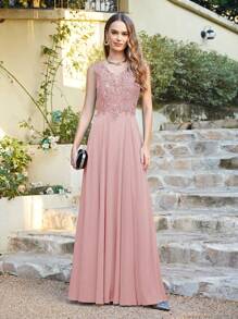 BABYONLINE D.R.E.S.S. Guipure Lace Insert Chiffon Bridesmaid Dress - Dusty Pink - View 1