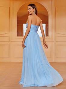 Váy phù dâu Xù xoắn lại Dây kéo màu trơn - Màu xanh nhạt - Xem 2