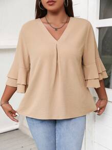 Celure Plus Solid Flare Sleeve V Neck Blouse - Apricot - View 5