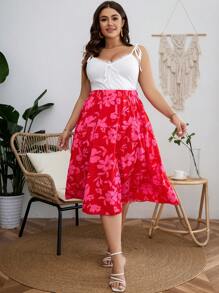 SHEIN Unity Plus Tie Shoulder Cami Top & Floral Print Skirt - Red and White - View 1