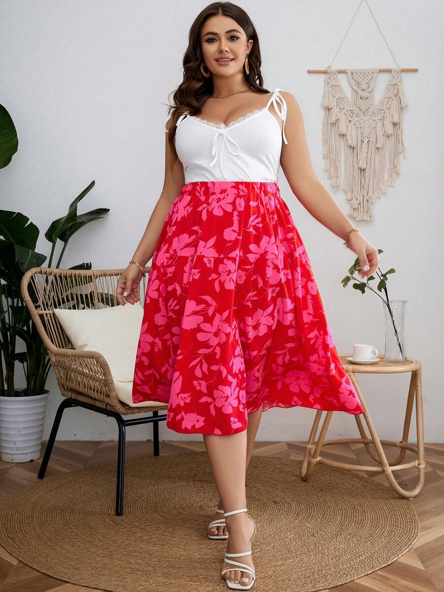 SHEIN Unity Plus Tie Shoulder Cami Top & Floral Print Skirt - Red and White - View 1