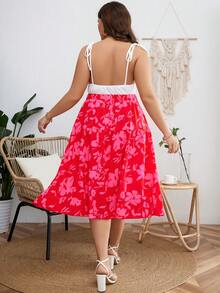 SHEIN Unity Plus Tie Shoulder Cami Top & Floral Print Skirt - Red and White - View 2