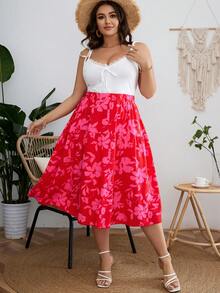 SHEIN Unity Plus Tie Shoulder Cami Top & Floral Print Skirt - Red and White - View 5