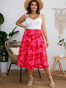 SHEIN Unity Plus Tie Shoulder Cami Top & Floral Print Skirt - Red and White - View 6