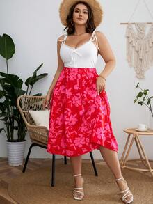 SHEIN Unity Plus Tie Shoulder Cami Top & Floral Print Skirt - Red and White - View 7