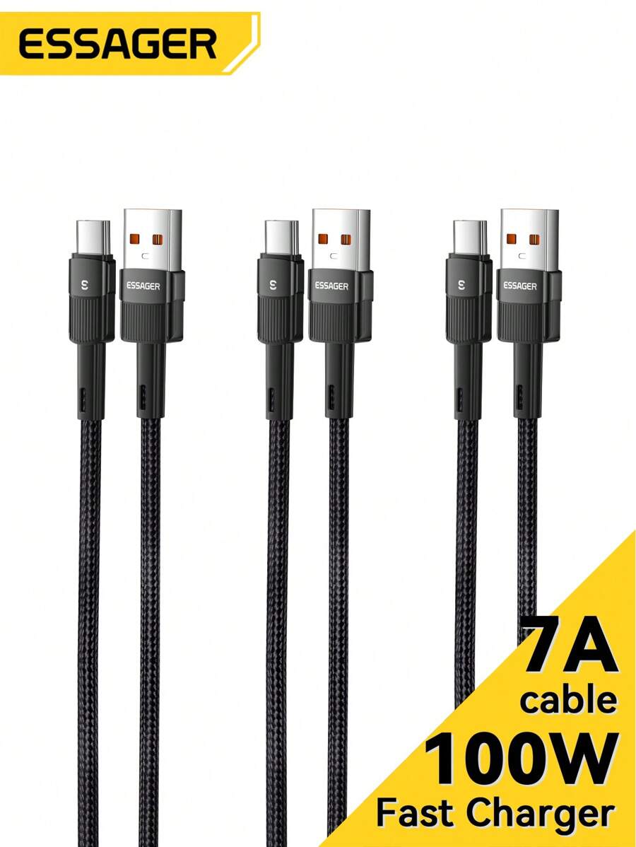 Essager 3入組7A USB Type-C 傳輸線，適用於Realme、Huawei P30 Pro等型號，支援66W快速充電 - 黑色 - 查看 1