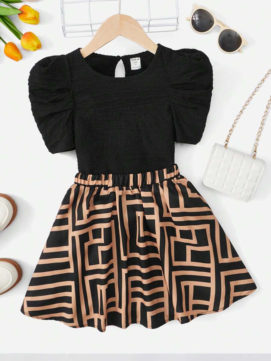 SHEIN Bộ thời trang bé gái Nút Hình học Giải trí - Nhiều màu - Xem 1