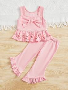 SHEIN 小女童前蝴蝶結荷葉邊背心上衣和喇叭褲 - 淺粉色 - 查看 3