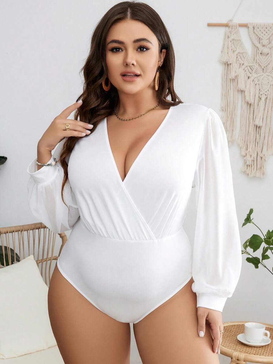 SHEIN Clasi Plus Surplice Neck Lantern Sleeve Bodysuit, For Winter - White - View 1