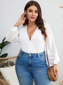 SHEIN Clasi Plus Surplice Neck Lantern Sleeve Bodysuit, For Winter - White - View 4