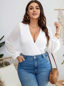 SHEIN Clasi Plus Surplice Neck Lantern Sleeve Bodysuit, For Winter - White - View 6