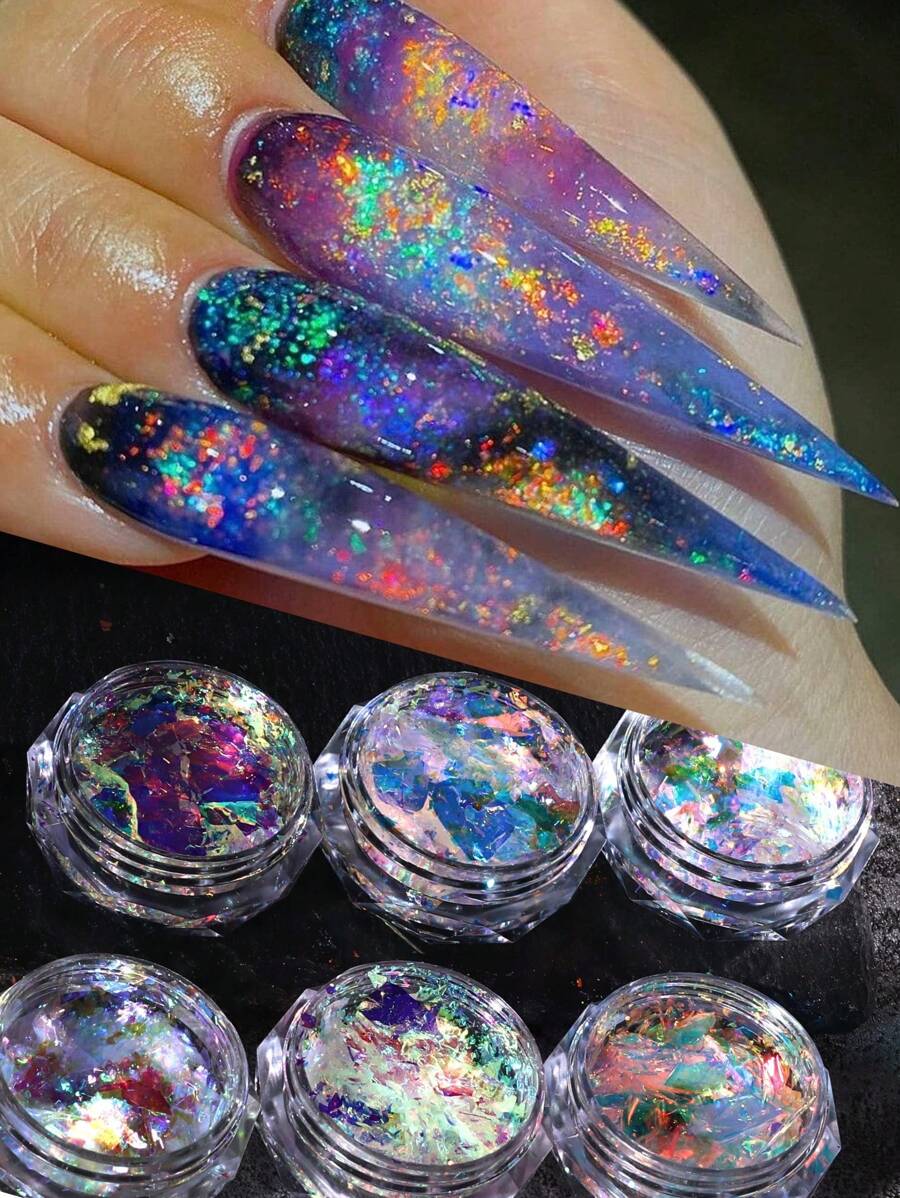 美人魚虹彩美甲藝術閃光亮片貼紙套裝，6 盒全息閃亮片狀粉閃光凝膠拋光裝飾適用於指甲沙龍 - 彩色 - 查看 1