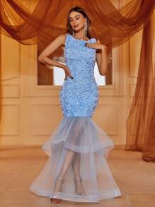 Contrast Mesh Mermaid Hem Lace Formal Dress - Blue - View 1