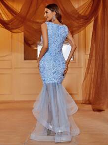 Contrast Mesh Mermaid Hem Lace Formal Dress - Blue - View 2