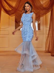 Contrast Mesh Mermaid Hem Lace Formal Dress - Blue - View 4