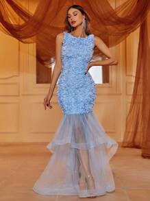 Contrast Mesh Mermaid Hem Lace Formal Dress - Blue - View 6