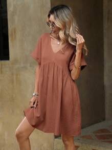 SHEIN LUNE Solid Batwing Sleeve Smock Dress - Rusty Rose - View 3