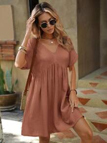 SHEIN LUNE Solid Batwing Sleeve Smock Dress - Rusty Rose - View 4