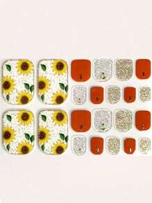 22 adesivos de unha vibrantes em 4 cores com estampa floral e de plantas, incluindo crisântemos e girassóis. - Multicolorido - Ver 2