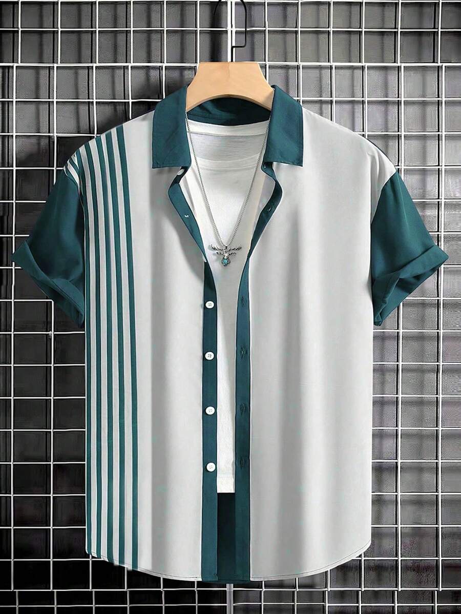 Manfinity Homme Áo sơ mi Nam Nút phía trước Sọc Giải trí - Màu xanh lá cây đậm - Xem 1