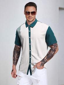 Manfinity Homme Áo sơ mi Nam Nút phía trước Sọc Giải trí - Màu xanh lá cây đậm - Xem 3