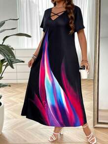 EMERY ROSE Plus Colourblock Criss Cross Front Hidden Pocket Tee Dress - Black - View 5