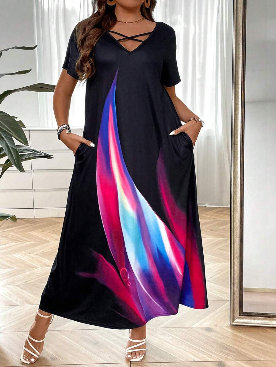 EMERY ROSE Plus Colourblock Criss Cross Front Hidden Pocket Tee Dress - Black - View 1