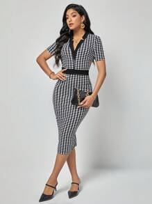 SHEIN Clasi Houndstooth Print Contrast Trim Bodycon Dress - Black and White - View 6