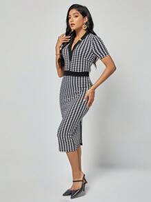 SHEIN Clasi Houndstooth Print Contrast Trim Bodycon Dress - Black and White - View 5