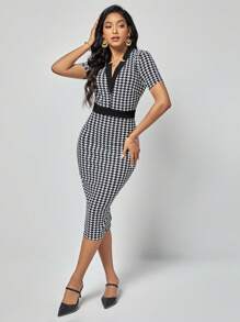 SHEIN Clasi Houndstooth Print Contrast Trim Bodycon Dress - Black and White - View 1