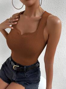 Chiquease Áo dệt kim nữ Gân đan màu trơn Giải trí - Cà phê nâu - Xem 3