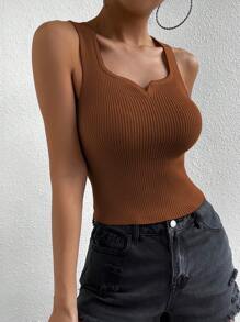 Chiquease Áo dệt kim nữ Gân đan màu trơn Giải trí - Cà phê nâu - Xem 4