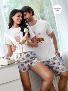 Men Cartoon Graphic PJ Set - Blue and White - View 1