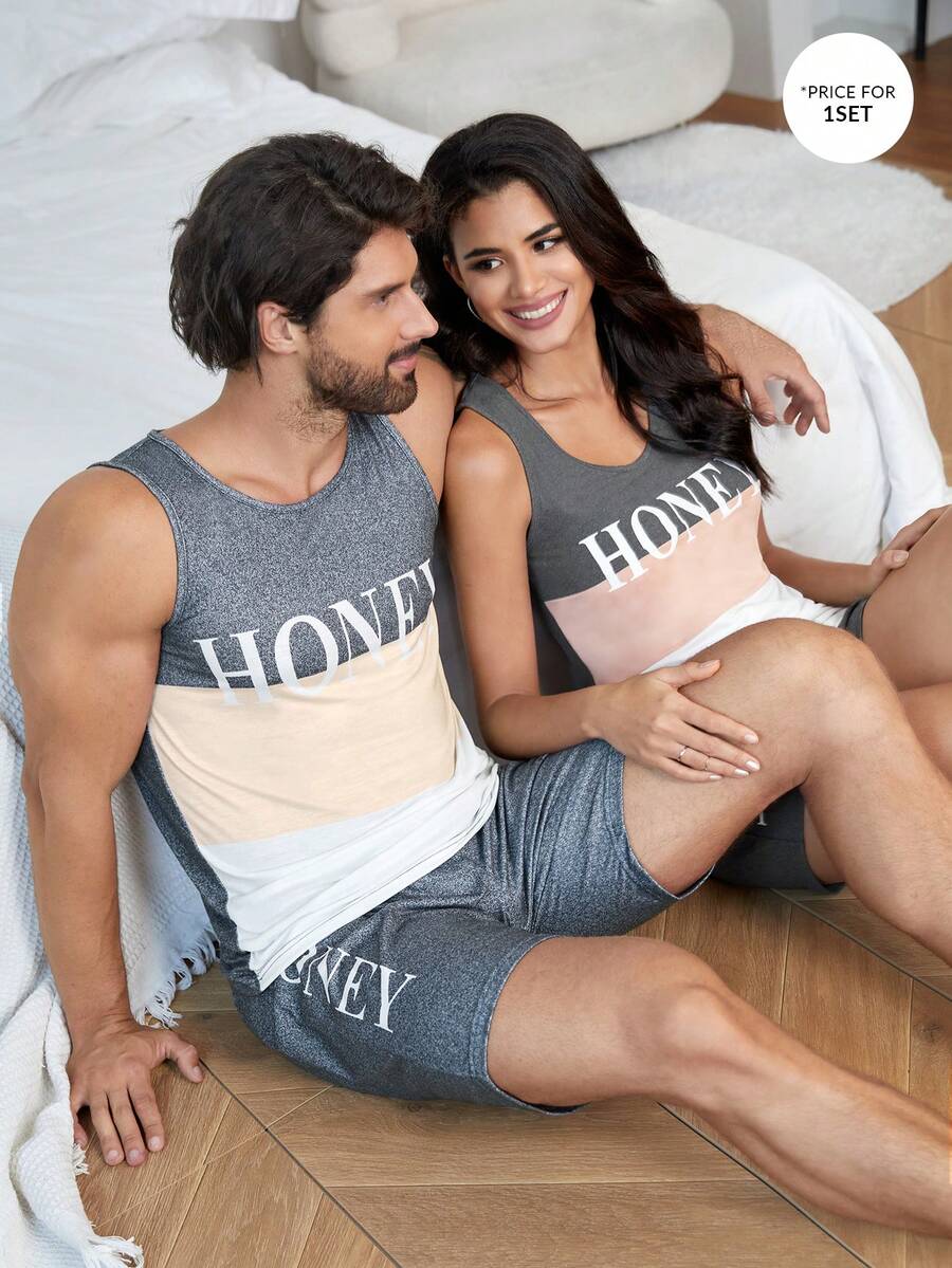 Men Letter Graphic Colourblock PJ Set - Multicolor - View 1