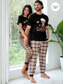 男士 1 件咖啡色 & 字母图案 T 恤 & 1 件格子裤睡衣套装 / 睡衣套装 - 彩色 - 查看 1