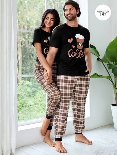 男士 1 件咖啡色 & 字母图案 T 恤 & 1 件格子裤睡衣套装 / 睡衣套装
