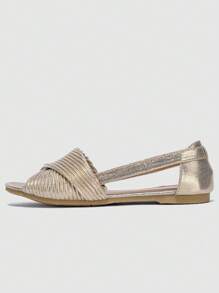 Women Metallic Twist Design Open Toe Flats, Glamorous Gold Flats - Gold - View 2