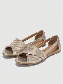 Women Metallic Twist Design Open Toe Flats, Glamorous Gold Flats - Gold - View 3