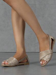 Women Metallic Twist Design Open Toe Flats, Glamorous Gold Flats - Gold - View 4