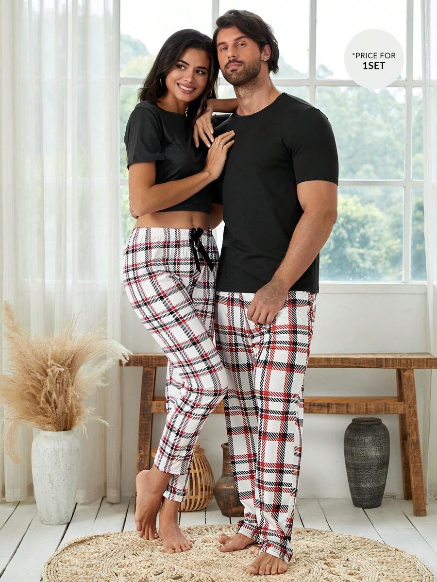 Men Solid Tee & Plaid Print Trousers PJ Set - Multicolor - View 1